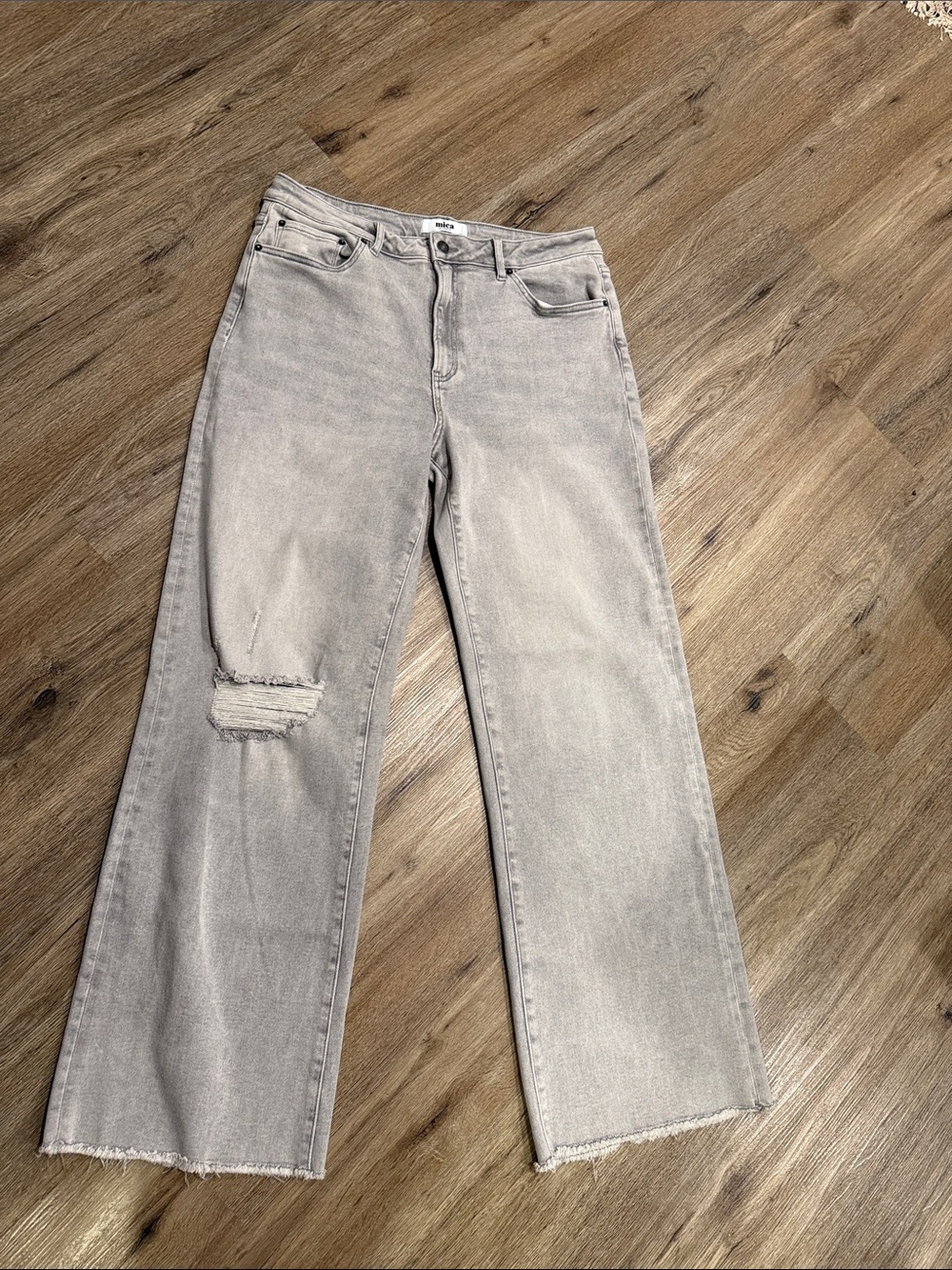Mica Light Taupe Gray Wide-Leg Distressed Women's Jeans - Mid Rise